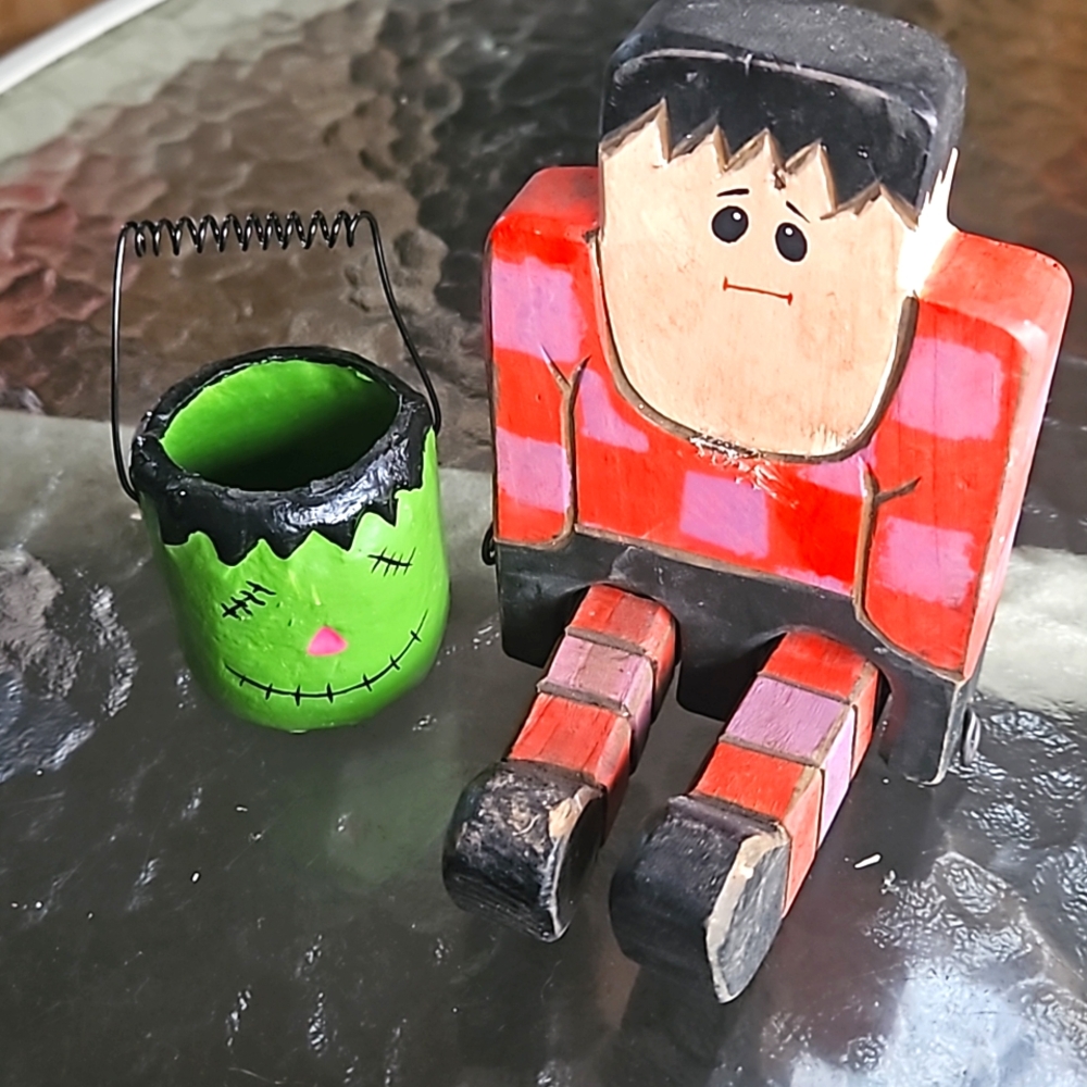 Vtg wooden handmade Frankenstein with Franky paper mache bucket
